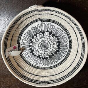 Handmade Ivory Black Floral Rope Bowl Basket for Jewelry Remotes Makeup Toys Key